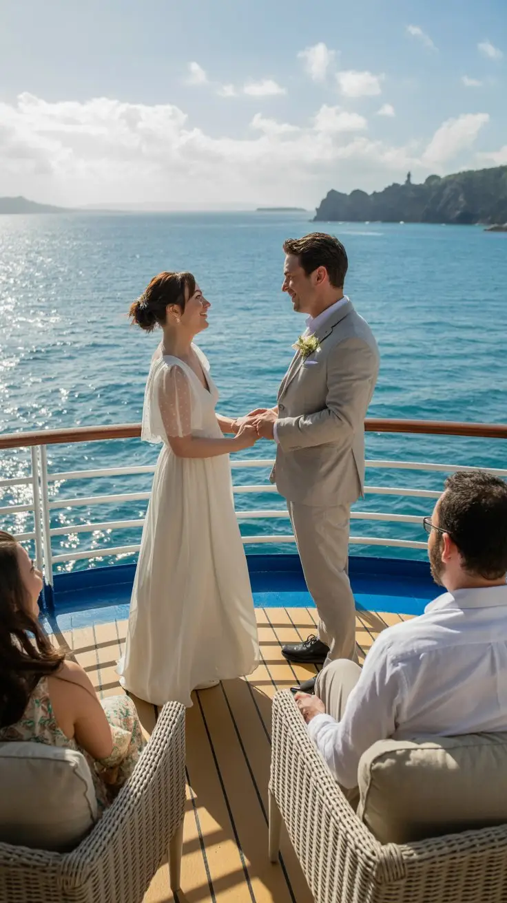 A photograph of a joyful couple exchanging vows on the deck of a luxury cruise ship. The bride wears a flowing white dress with delicate lace details, while the groom is in a light grey suit with a subtle floral boutonniere. Sunlight gleams off the turquoise water and the blue sky as guests look on with happy expressions, seated on plush white lounge chairs. The ship's elegant white railings and distant coastline create a picturesque backdrop for this intimate celebration.