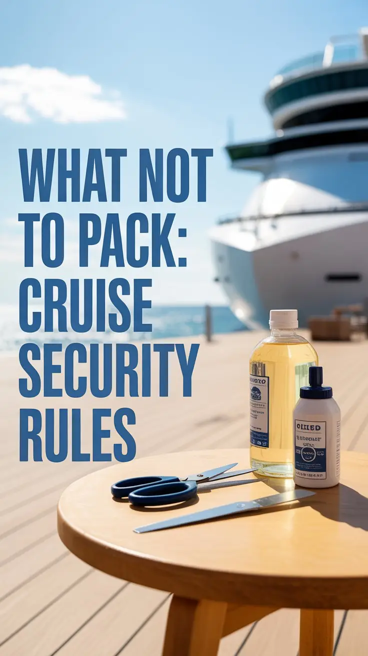 A clean, bright product shot advertisement for a travel security advisory service, featuring a few common travel items – a large bottle of liquid, a pair of scissors, and a small knife – arranged on a light wooden table. The scene is bathed in warm, natural sunlight, creating crisp shadows and highlighting the items against a blurred background of a sunny cruise deck, emphasizing items prohibited by security regulations. To the left of the frame, bold, sans-serif text reads “"What Not to Pack: Cruise Security Rules"” in a vibrant blue color, ensuring clear visibility and immediate understanding, establishing a helpful and informative tone for the advertisement. The overall aesthetic is minimalist and professional, using a bright, airy color palette and precise composition to convey trustworthiness and clarity regarding cruise travel safety.