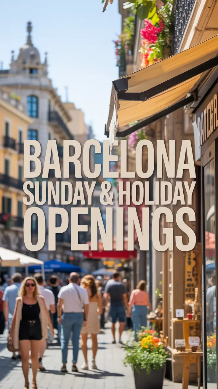 A vibrant lifestyle advertisement showcasing a bustling Barcelona street scene on a sunny Sunday, highlighting local shops with "Barcelona Sunday & Holiday Openings" displayed in large, stylish typography. The scene features colorful buildings, flower-adorned storefronts, and a cheerful crowd, bathed in warm golden sunlight, evoking an inviting atmosphere of unique shopping and relaxed discovery.