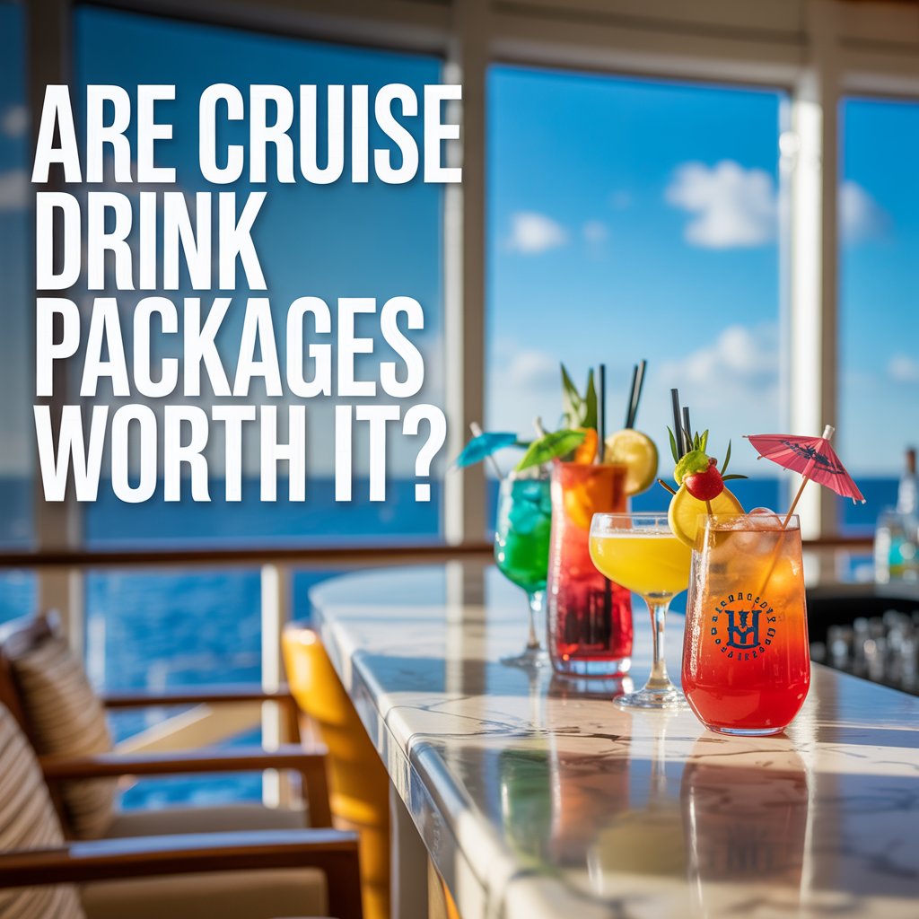 A vibrant lifestyle advertisement for a cruise line showcasing a luxurious bar setting bathed in bright, natural sunlight with a selection of colorful cocktails, garnished with tropical fruits and umbrellas, arranged invitingly on the polished countertop. The scene features a blurred backdrop of a stunning ocean view through panoramic windows, emphasizing the cruise experience, while a large, bold text overlay on the left reads "Are Cruise Drink Packages Worth It?" in a modern, sans-serif font. The composition utilizes a shallow depth of field to focus attention on the cocktails and the question, evoking a sense of relaxation and indulgence, with the cruise line's logo subtly integrated into the glassware design and a warm, inviting color palette that reinforces a premium vacation aesthetic.