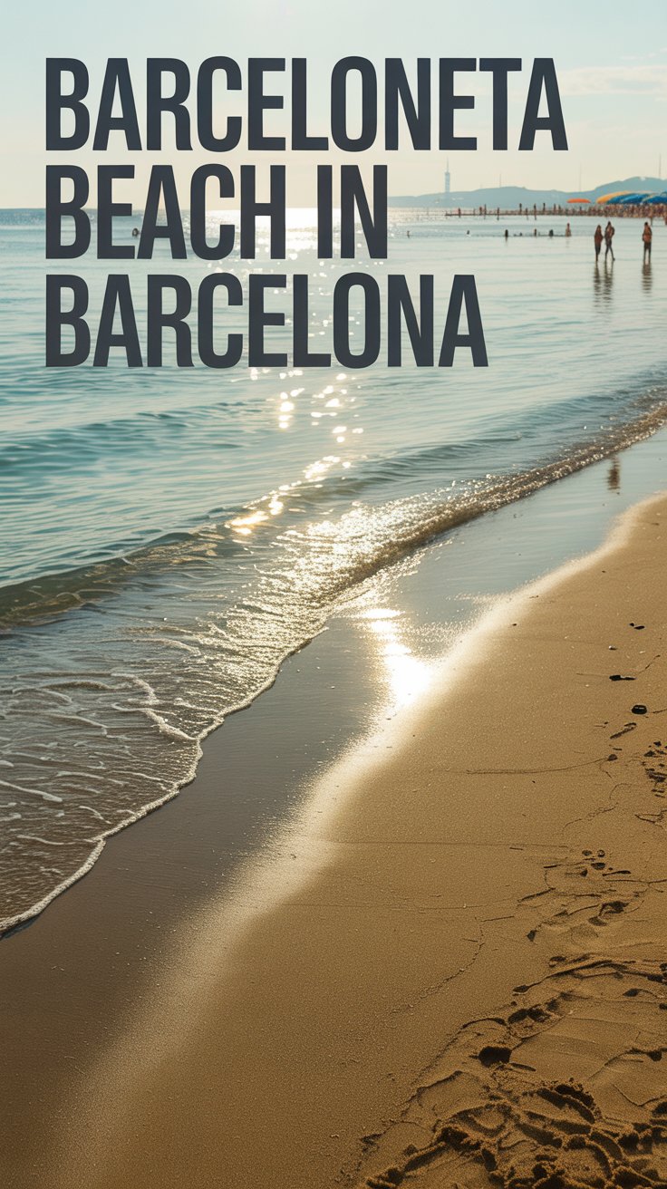 A photograph of Barceloneta Beach in Barcelona, focusing on the glistening wet sand near the water's edge. Large, bold text is aligned to the left of the frame reading "Barceloneta Beach in Barcelona". The sun is shining brightly, reflecting off the calm turquoise water and highlighting the fine grains of sand, creating a warm, inviting atmosphere. A few scattered beach umbrellas and distant figures add a sense of scale and activity to the expansive beach scene.
