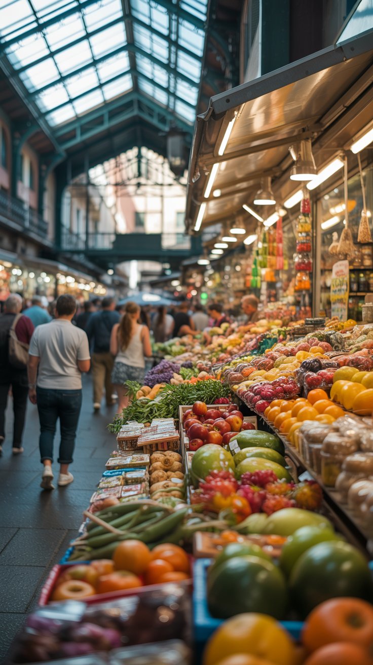 A vibrant, eye-level photograph of the bustling "Boquería Market in Barcelona". The foreground showcases a colorful array of fresh produce—ripe fruits, vibrant vegetables, and fragrant spices—arranged in overflowing displays along a market stall. Sunlight streams through the market's glass ceiling, illuminating the scene and casting a warm glow on the shoppers browsing the stalls. In the background, a blurred crowd of people adds a sense of lively energy and the iconic market architecture is subtly visible, creating a dynamic and inviting atmosphere.