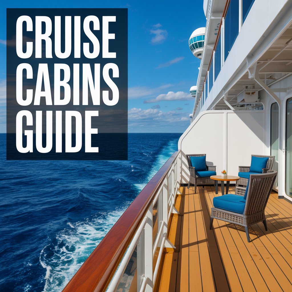 Big text overlay to the left: "Cruise Cabins Guide". No other text. Bright sunny day. Balcony cabin on a cruise ship.