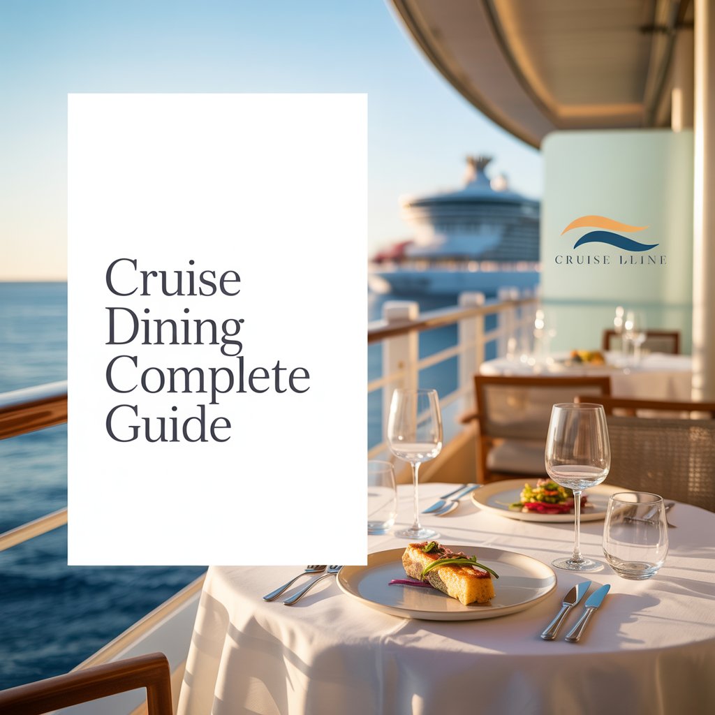 A bright, aspirational lifestyle advertisement showcasing a luxurious cruise dining experience, with a focus on a beautifully set table for two on a private balcony overlooking a turquoise ocean. The scene is bathed in warm, golden sunlight, highlighting crisp white linens, gleaming silverware, and artfully arranged gourmet dishes, with a shallow depth of field blurring the background to emphasize the intimate dining setting. To the left, a large, clean white rectangle prominently displays the text "Cruise Dining Complete Guide" in a modern, elegant font, while subtle branding elements like a cruise line logo are tastefully integrated into the background without distracting from the main focus, conveying an atmosphere of refined indulgence and effortless travel. The overall aesthetic is one of sophisticated relaxation and culinary delight, inviting viewers to imagine themselves enjoying a premium cruise experience.