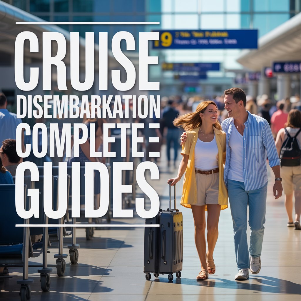 A bright, lifestyle advertisement featuring a happy couple strolling through a sunny airport terminal after a cruise, symbolizing "Cruise Disembarkation Complete Guide". The scene is bathed in warm, natural light with a shallow depth of field, focusing on the couple and subtly blurring the bustling airport background filled with travelers and luggage carts. To the left, a large, modern sans-serif font displays the text "Cruise Disembarkation Complete Guide" in a clean white box, creating a clear and inviting call to action, and the overall aesthetic evokes feelings of joy, relaxation, and a seamless travel experience. The image uses a vibrant color palette with blues and yellows, conveying a sense of optimism and effortless travel planning.
