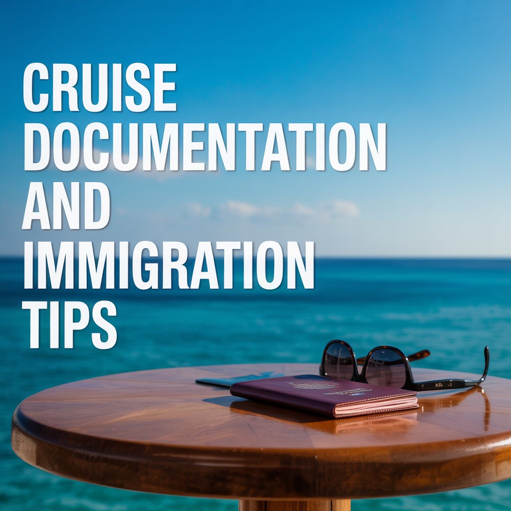 A photograph of a polished wooden table set against a backdrop of turquoise ocean waters under a clear, bright sky. To the left of the frame, large white text reads "Cruise Documentation and Immigration Tips" in a modern sans-serif font. A single leather-bound passport and a pair of sunglasses rest neatly on the table, catching the sunlight. The scene is bathed in warm, natural light, creating a sense of calm and travel readiness.