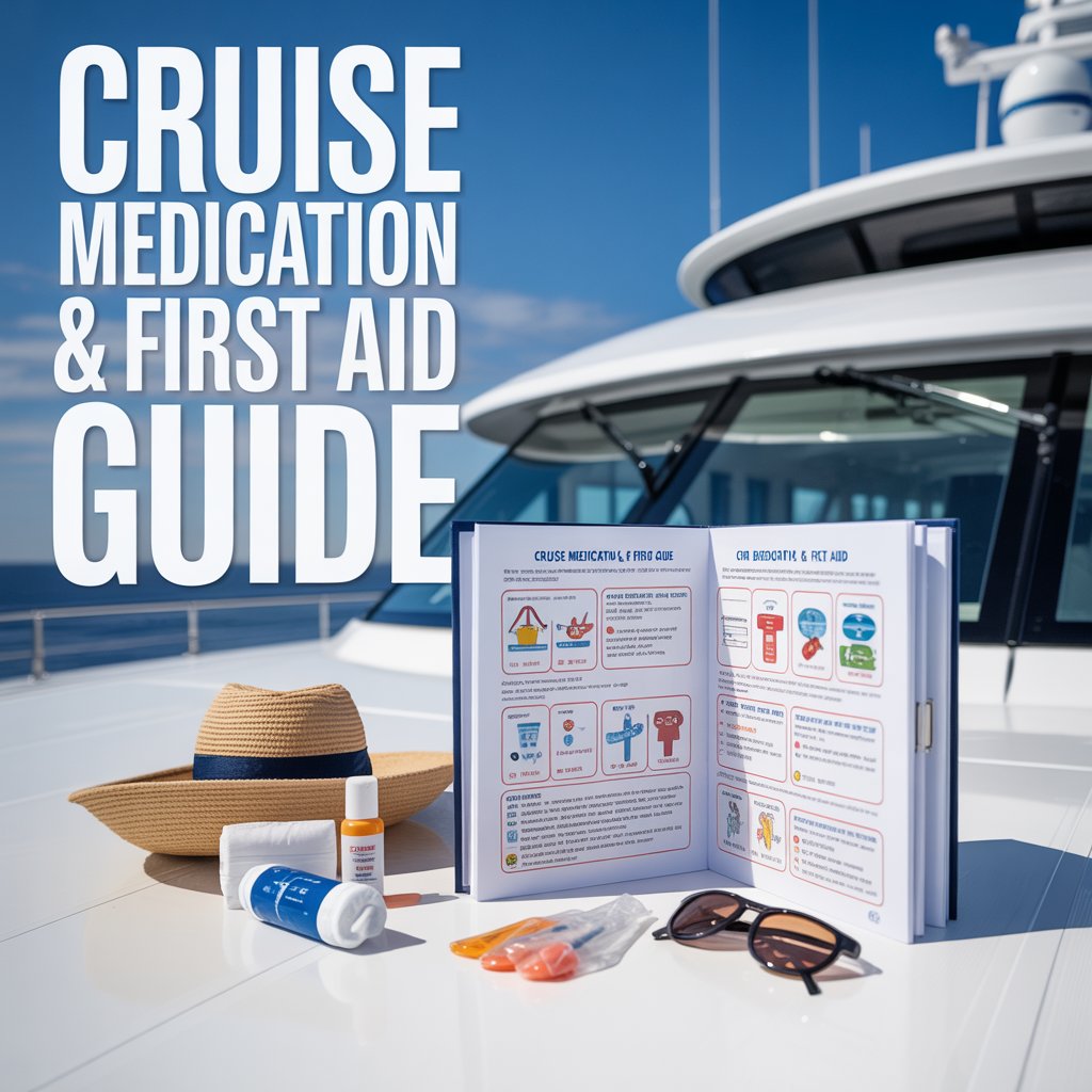 A bright and airy lifestyle advertisement showcasing a comprehensive "Cruise Medication & First Aid Guide" displayed prominently on a pristine white yacht deck under a clear blue sky. The guide lies open, revealing colorful diagrams and easy-to-understand text, while surrounding it are neatly organized travel essentials like sunscreen, sunglasses, and a small first-aid kit, all bathed in warm, natural sunlight. To the left of the scene, a large, bold text overlay reads "Cruise Medication & First Aid Guide" in a clean, modern font, ensuring maximum visibility against the bright background. The overall aesthetic is calm, reassuring, and emphasizes preparedness for a relaxing and worry-free cruise vacation.