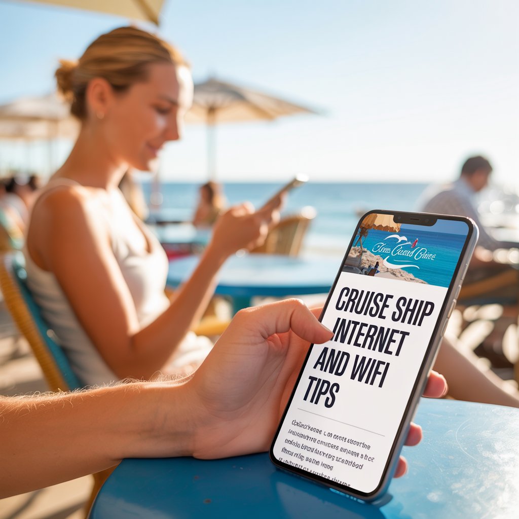 A bright and airy lifestyle advertisement features a relaxed tourist in a beachfront cafe, casually browsing travel tips on their mobile phone, subtly hinting at the convenience of cruise ship internet services. The scene is bathed in warm sunlight with shallow depth of field, focusing on the phone screen displaying a webpage with the bold, left-aligned text "Cruise Ship Internet and WiFi Tips" while blurred background shows the cafe and ocean view. A small, stylized logo of a cruise line is discreetly placed in the corner of the phone screen, enhancing brand recognition, and the overall aesthetic evokes a feeling of ease and connectivity on vacation. The composition utilizes a natural, candid style with soft colors and natural light to convey a message of seamless online access during travel.