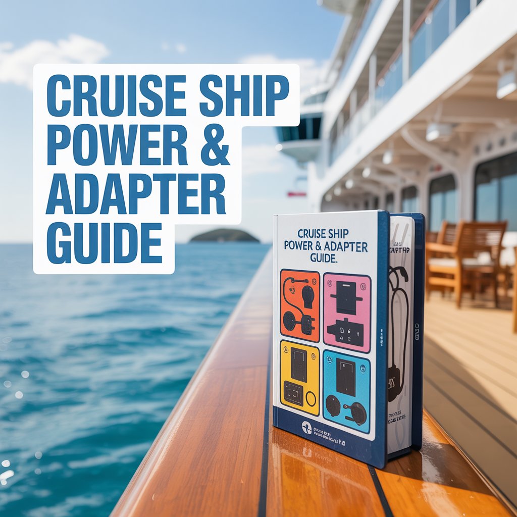 A bright, airy product shot advertisement for a comprehensive "Cruise Ship Power & Adapter Guide," featuring the guide prominently displayed on a polished teak deck of a luxury cruise ship. The guide itself showcases a clean, modern design with vibrant illustrations of various power adapters and charging cables, bathed in warm, diffused sunlight that highlights its user-friendly layout, while the background subtly includes a glimpse of turquoise ocean and a distant, tropical island. To the left of the guide, in a bold, sans-serif font, the text reads “Cruise Ship Power & Adapter Guide” in a bright blue color, positioned against a contrasting white rectangle, evoking a sense of travel preparedness and ease. The overall aesthetic is clean, inviting, and emphasizes convenience and peace of mind for travelers.