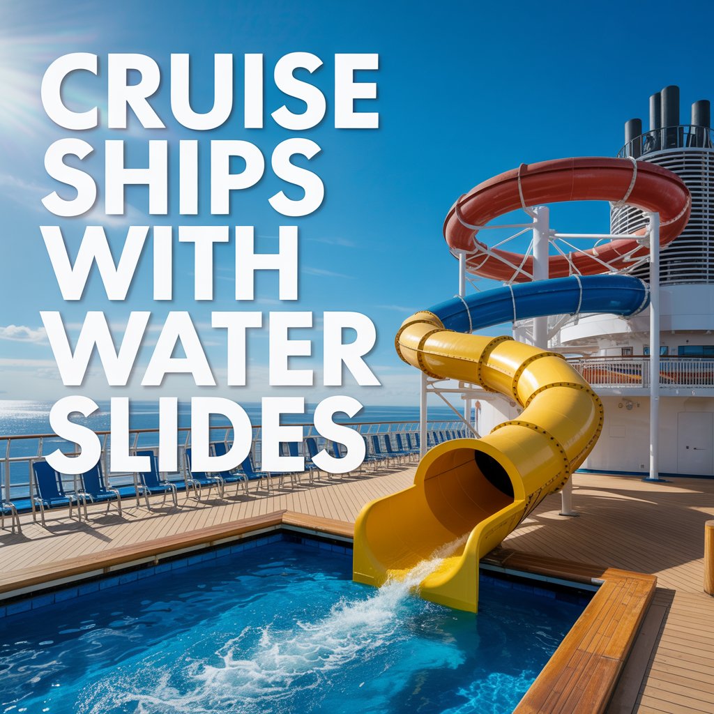 Big text overlay to the left: "Cruise Ships with Water Slides". Don't add any other text. Bright sunny day.