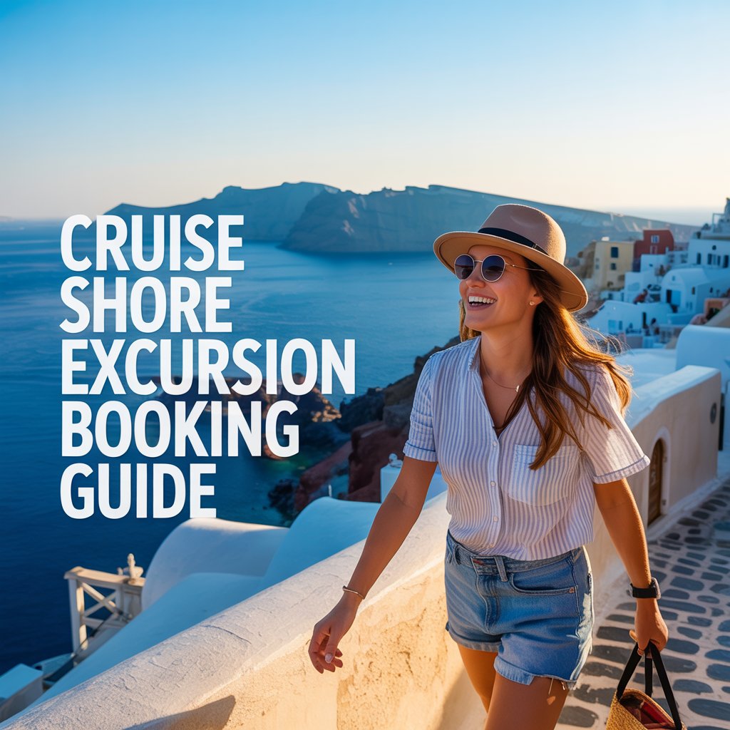 A vibrant lifestyle advertisement for a cruise excursion booking service, showcasing a happy tourist enjoying a sunny day in Santorini. The scene features a casually dressed woman with a wide-brimmed hat and sunglasses, walking along a cobblestone path with whitewashed buildings and the azure Aegean Sea in the background, bathed in warm, golden sunlight. To the left of the frame, a bold, stylized overlay reads "Cruise Shore Excursion Booking Guide" in a modern sans-serif font, contrasting with the organic textures of the surroundings, establishing the brand's focus on seamless travel planning. The overall mood is joyful and aspirational, evoking a sense of adventure and relaxation, highlighting the ease and excitement of booking excursions through the service.