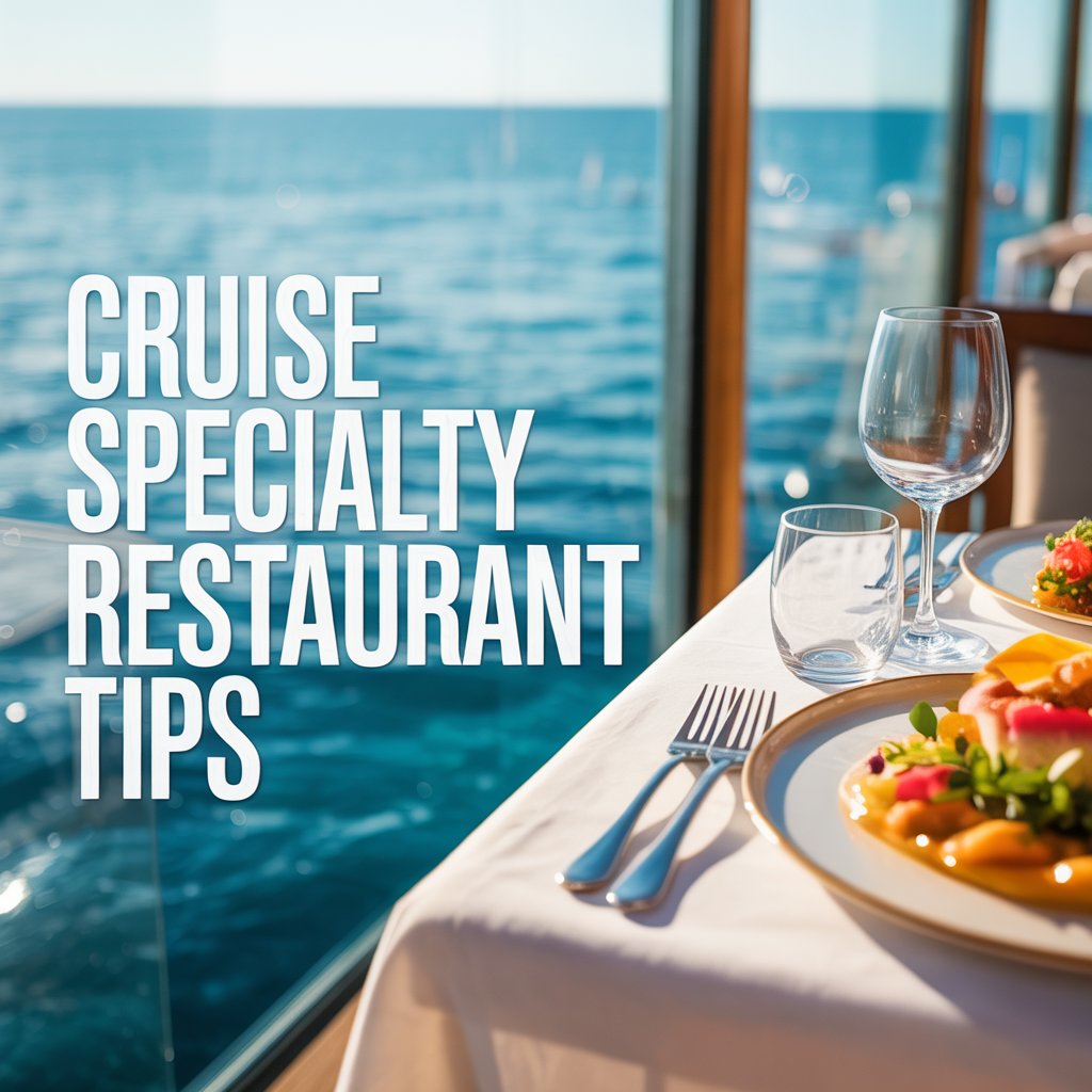 A vibrant lifestyle advertisement showcasing a luxurious cruise ship specialty restaurant experience, focusing on a beautifully set table for two overlooking a sparkling turquoise ocean. The scene is bathed in bright, warm sunlight, highlighting crisp white linens, elegant glassware, and a partially visible, exquisite meal with selective focus, creating a sense of exclusivity and indulgence. To the left of the frame, a bold, clean sans-serif font displays the text "Cruise Specialty Restaurant Tips" in a large, modern typeface, ensuring clear visibility without detracting from the aspirational setting, and the overall aesthetic conveys sophisticated travel and fine dining. The composition employs a shallow depth of field and warm color grading to create a feeling of inviting serenity and highlight the premium nature of the cruise line's culinary offerings.