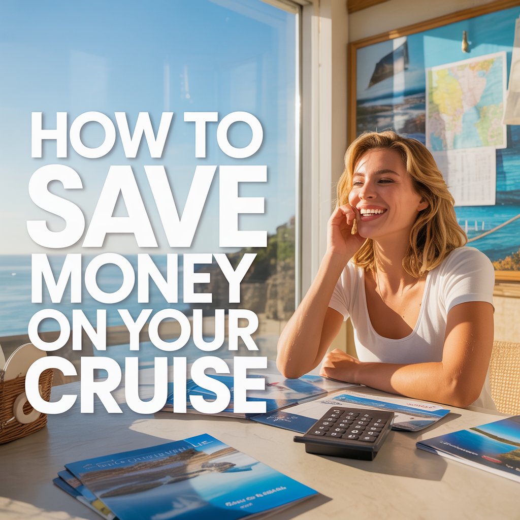 A bright and airy lifestyle advertisement for a cruise booking website, showcasing a sun-drenched table set for a relaxed morning, with scattered brochures and a calculator displaying a projected savings amount. The scene is bathed in golden sunlight, highlighting a serene coastal view visible through a window and featuring a nautical-themed mood board with maps and travel accessories. To the left, a bold, modern sans-serif typeface presents the text "How to Save Money on Your Cruise" in a clean, white overlay against the bright background, emphasizing simplicity and value, while maintaining a cheerful and aspirational aesthetic for potential travelers. The overall composition conveys a sense of ease and opportunity, enticing viewers to plan their dream vacation within budget.