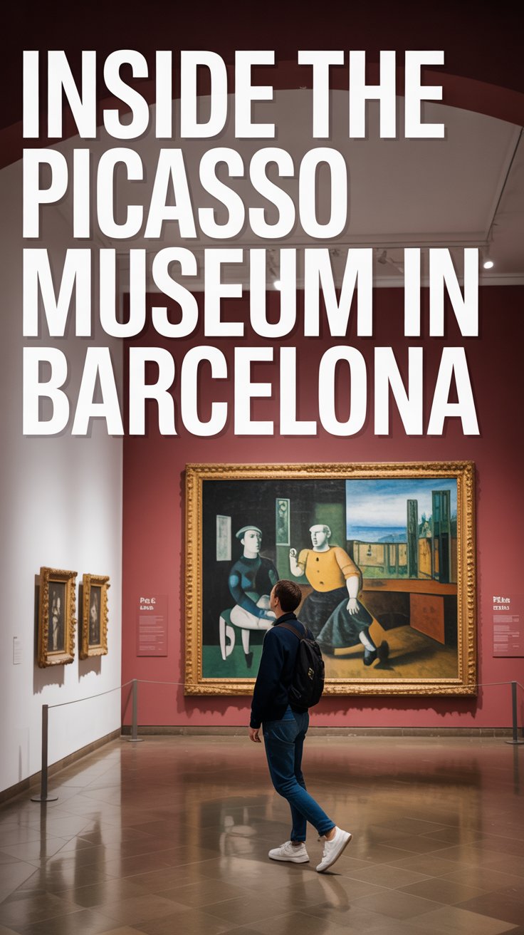 Big Text overlay aligned left: "Inside the Picasso Museum in Barcelona". Casual tourist. no other added text.