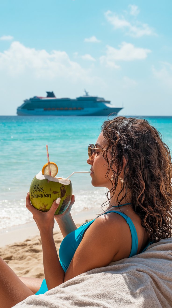 A photograph of a relaxed tourist enjoying a Caribbean beach vacation. She is a woman with sun-kissed skin and curly brown hair, wearing a vibrant turquoise swimsuit and sunglasses, casually sipping a "Blue Hawaiian" cocktail from a coconut shell. She is seated on a plush, white beach towel near the turquoise water, with a gentle breeze rustling her hair. In the hazy distance, a large cruise ship glides across the shimmering ocean under a bright, sunny sky, completing the idyllic scene.