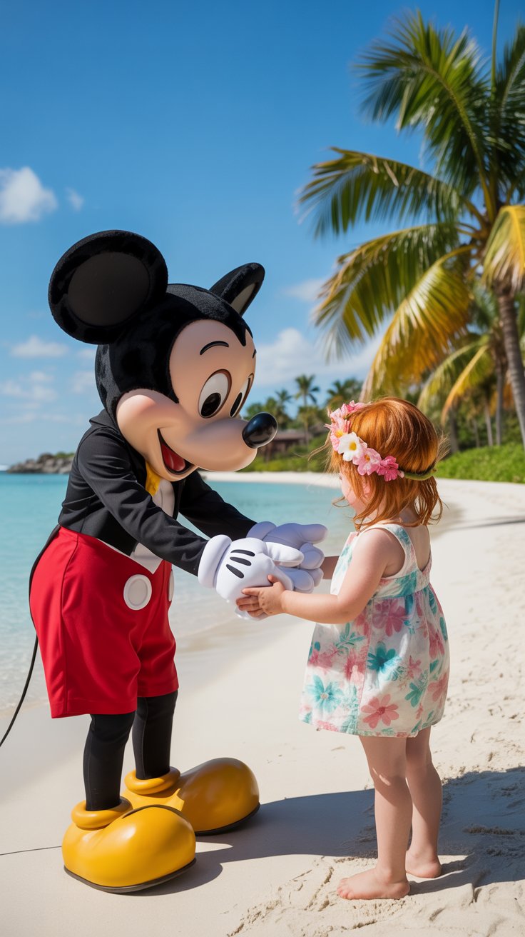 Mickey Mouse with a child on Castaway Cay private island