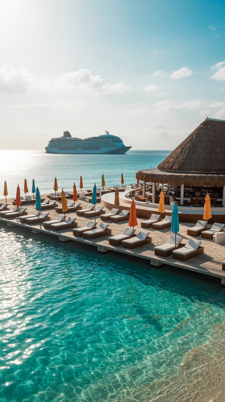 A photograph of a luxurious beach club in Punta Cana, Dominican Republic, showcasing pristine white sand and turquoise water. The club features stylish sun loungers with plush white towels and colorful umbrellas arranged neatly along the shore, while a sleek, modern bar with thatched roof is visible in the background. In the far distance, a large cruise ship rests calmly on the horizon, adding scale and context to the idyllic scene. Bright sunlight illuminates the scene, casting a warm glow and creating vibrant reflections on the water.