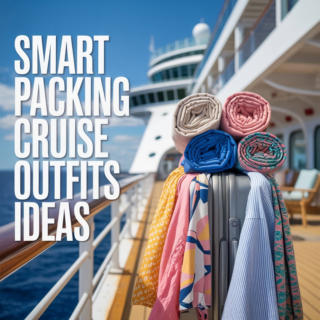 A vibrant lifestyle advertisement showcasing a collection of stylish, rolled-up clothing items neatly packed into a chic, lightweight suitcase against a backdrop of a luxurious cruise ship deck on a bright, sunny day. The composition focuses on the organized packing, highlighting vibrant summer colors and textures – linen shirts, flowing dresses, and patterned swimwear – with soft, diffused sunlight creating a warm and inviting atmosphere. To the left, a bold, modern sans-serif font displays the text "Smart Packing Cruise Outfits Ideas" in a clean white overlay against the blue sky, emphasizing effortless travel and style, with the overall aesthetic evoking a sense of sophisticated leisure and vacation readiness.