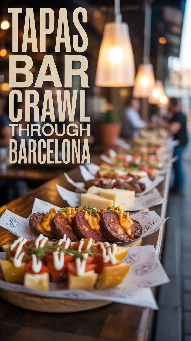 A photograph of a close-up view of vibrant tapas arranged on a rustic wooden bar counter in Barcelona. The tapas feature patatas bravas drizzled with spicy aioli, grilled chorizo, manchego cheese, and crusty bread with tomato, each displaying rich textures and colors. To the left, the words "Tapas bar crawl through Barcelona" are displayed in bold, handwritten-style lettering. Soft, warm light from a nearby lamp illuminates the tapas and the bar surface, creating a convivial and inviting atmosphere.