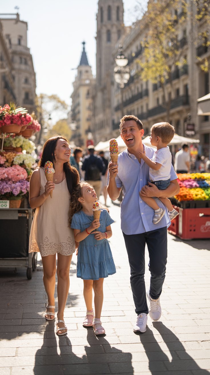 A photograph of a young family strolling down Las Ramblas in Barcelona, enjoying a sunny day. The family consists of a mother, father, and two children; the children are holding ice cream cones with bright rainbow sprinkles and gazing upwards with wide eyes. The background features vibrant flower stalls, street performers, and the iconic architecture of the Gothic Quarter with warm sunlight casting long shadows. The scene conveys a sense of joy, carefree exploration, and the lively spirit of Barcelona.