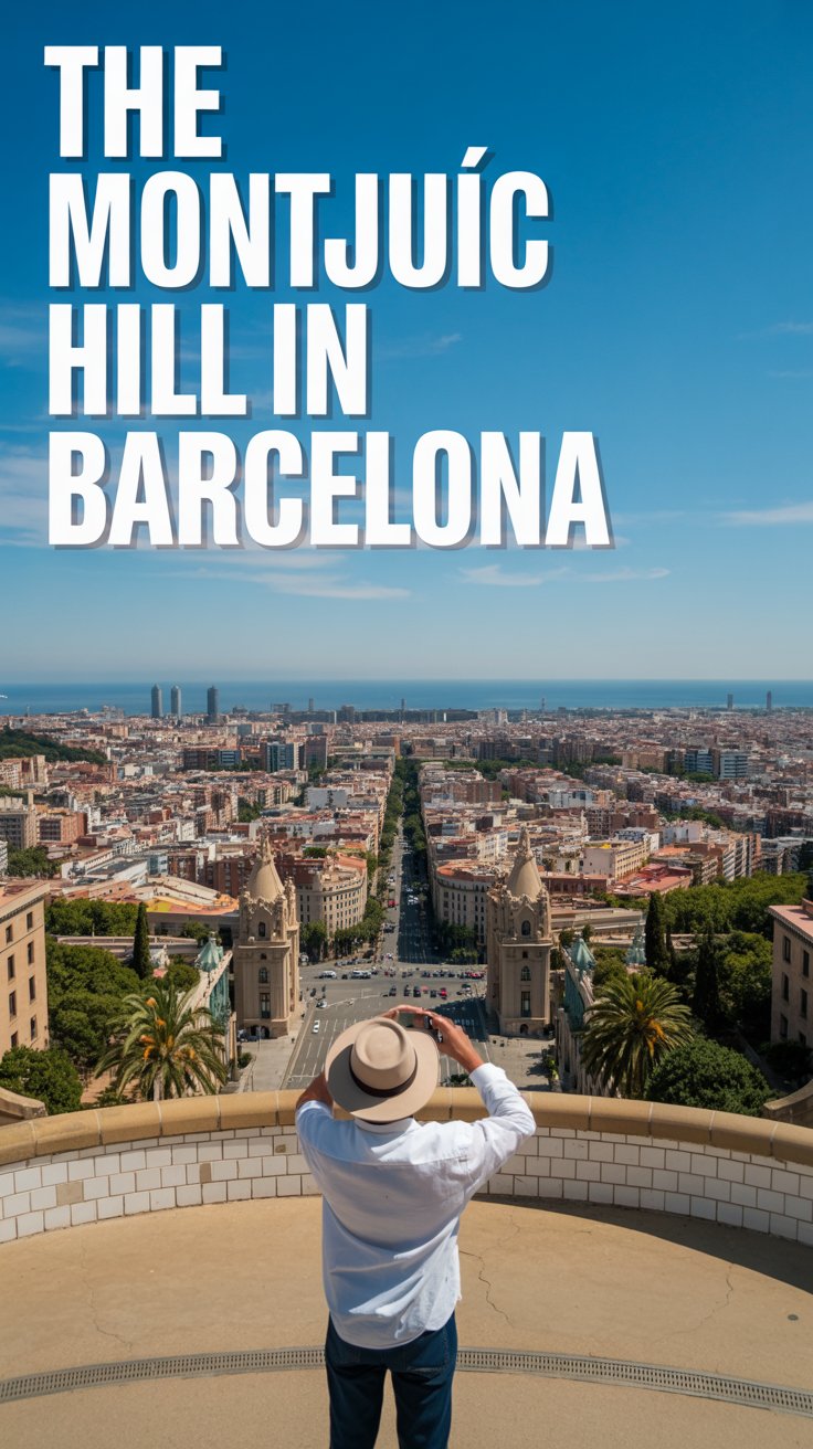 Big Text overlay aligned left: "The Montjuïc Hill in Barcelona". Casual tourist taking a photo of Barcelona city from above. no other added text. Bright sunny day.