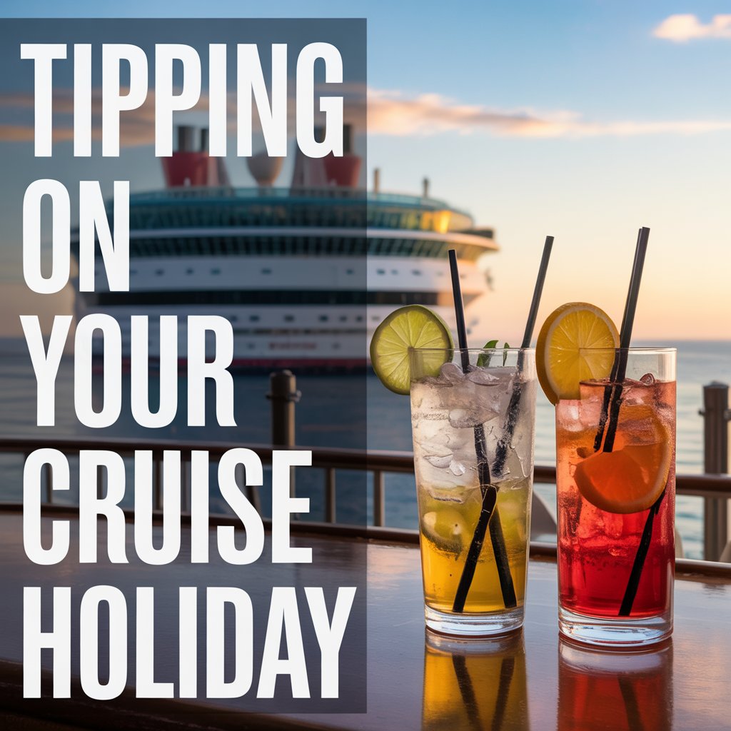 Big text overlay to the left: "Tipping on Your Cruise Holiday". No other text. Drinks on a bar on a cruise ship.