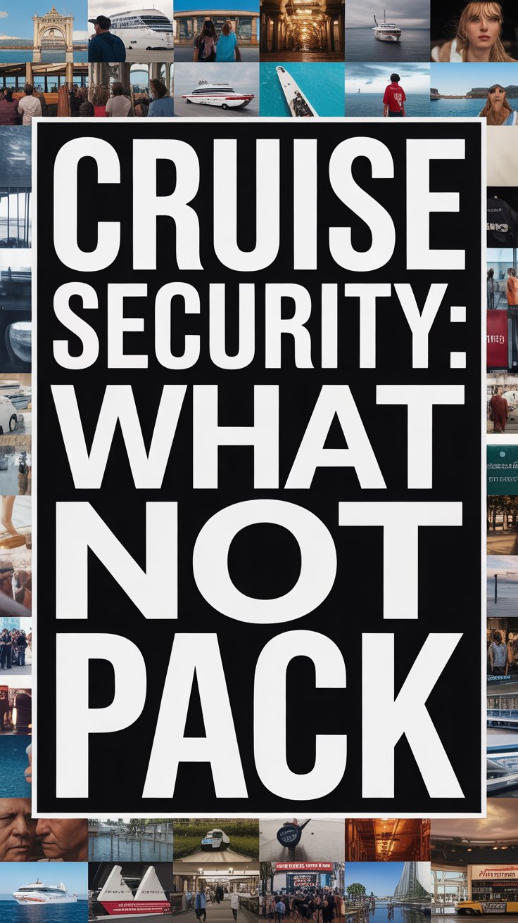Cruise Security: What Not Pack — Bold white text in thick, attention-grabbing lettering set within a large box, overlaid on a collage of realistic, vibrant travel-related images, designed to alert viewers to important packing restrictions for cruises.