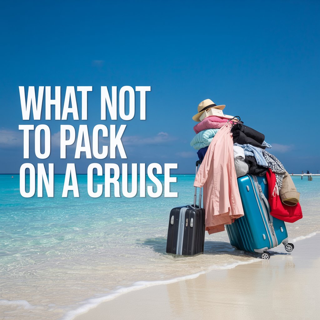 The area is cleared of any text. A bright blue sky stretches above a tropical beach scene. A pile of colorful luggage sits near the shoreline, with suitcases, bags, and clothing items creating a whimsical, disorganized display. A person wearing a hat and sunglasses stands beside the luggage, seemingly contemplating what to bring on a cruise. The turquoise water gently laps against the white sand beach.