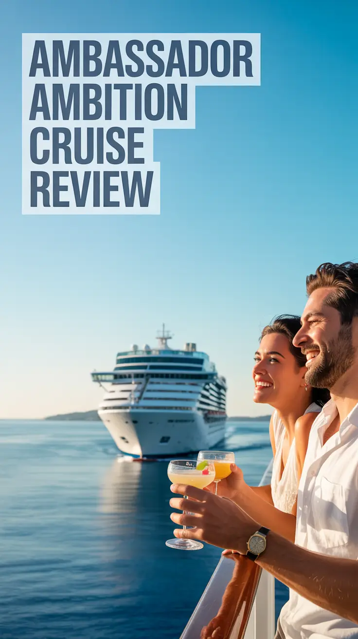 A lifestyle advertisement showcasing the Ambassador cruise ship sailing under a bright, cloudless azure sky, featuring a smiling couple enjoying cocktails on the ship’s expansive deck. The image emphasizes the ship's sleek design and luxurious amenities, all bathed in warm sunlight. A shallow depth of field softly blurs the distant coastline, evoking a sense of idyllic escape. Bold, sophisticated sans-serif text reading "Ambassador Ambition Cruise Review" appears in the top left corner, aligning with the overall bright, inviting, and elegant aesthetic that conveys premium travel experiences.