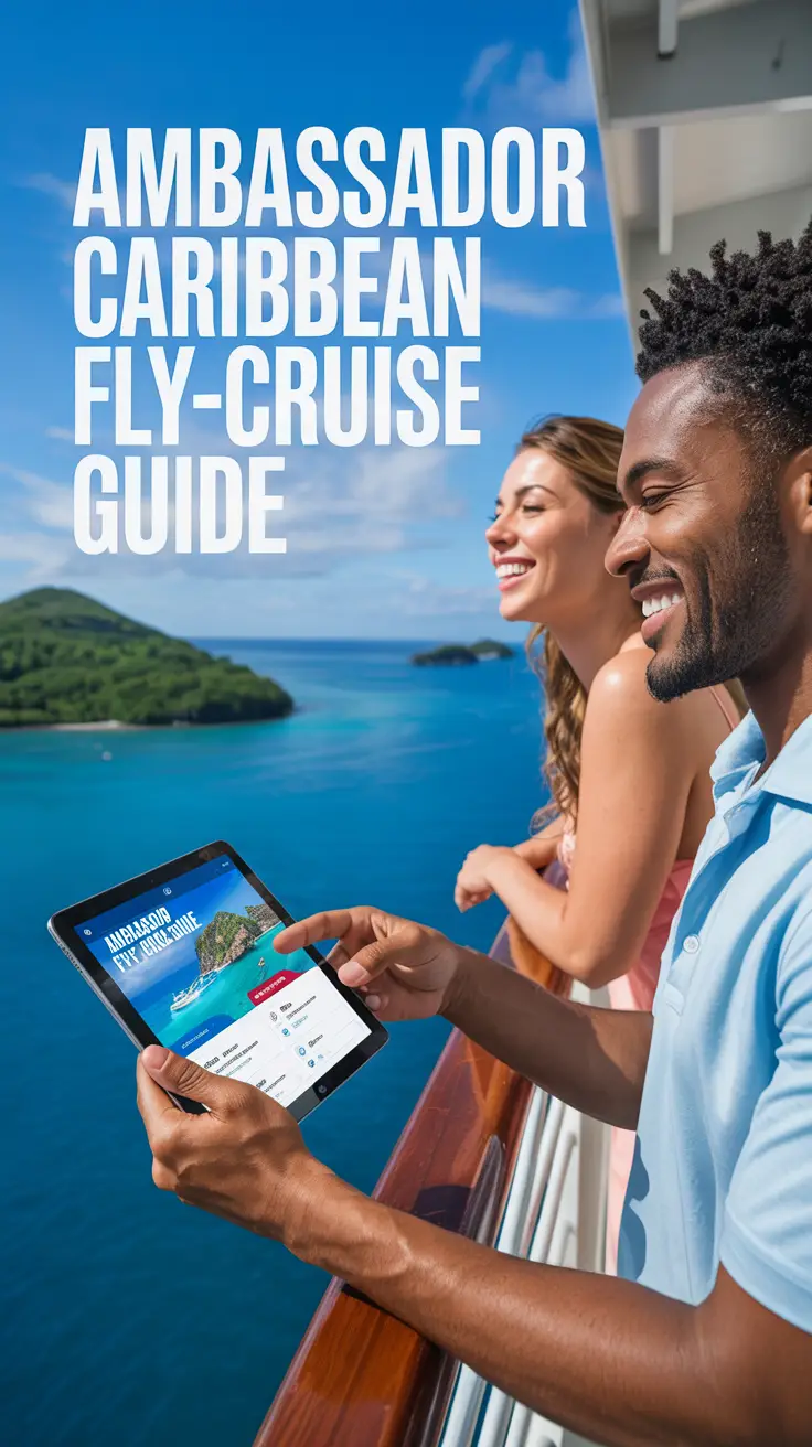 A vibrant lifestyle advertisement showcasing the "Ambassador Caribbean Fly-Cruise Guide" amidst a stunning tropical scene, featuring a smiling couple in their 30s enjoying a balcony view on a luxurious cruise ship. The scene is bathed in bright, warm sunlight with crystal-clear turquoise water and lush green islands in the background. The woman holds a sleek tablet displaying the easy-to-use guide interface, while a bold, aligned-left text overlay reads "Ambassador Caribbean Fly-Cruise Guide" against a gradient sky and sea backdrop, evoking effortless, premium Caribbean travel.