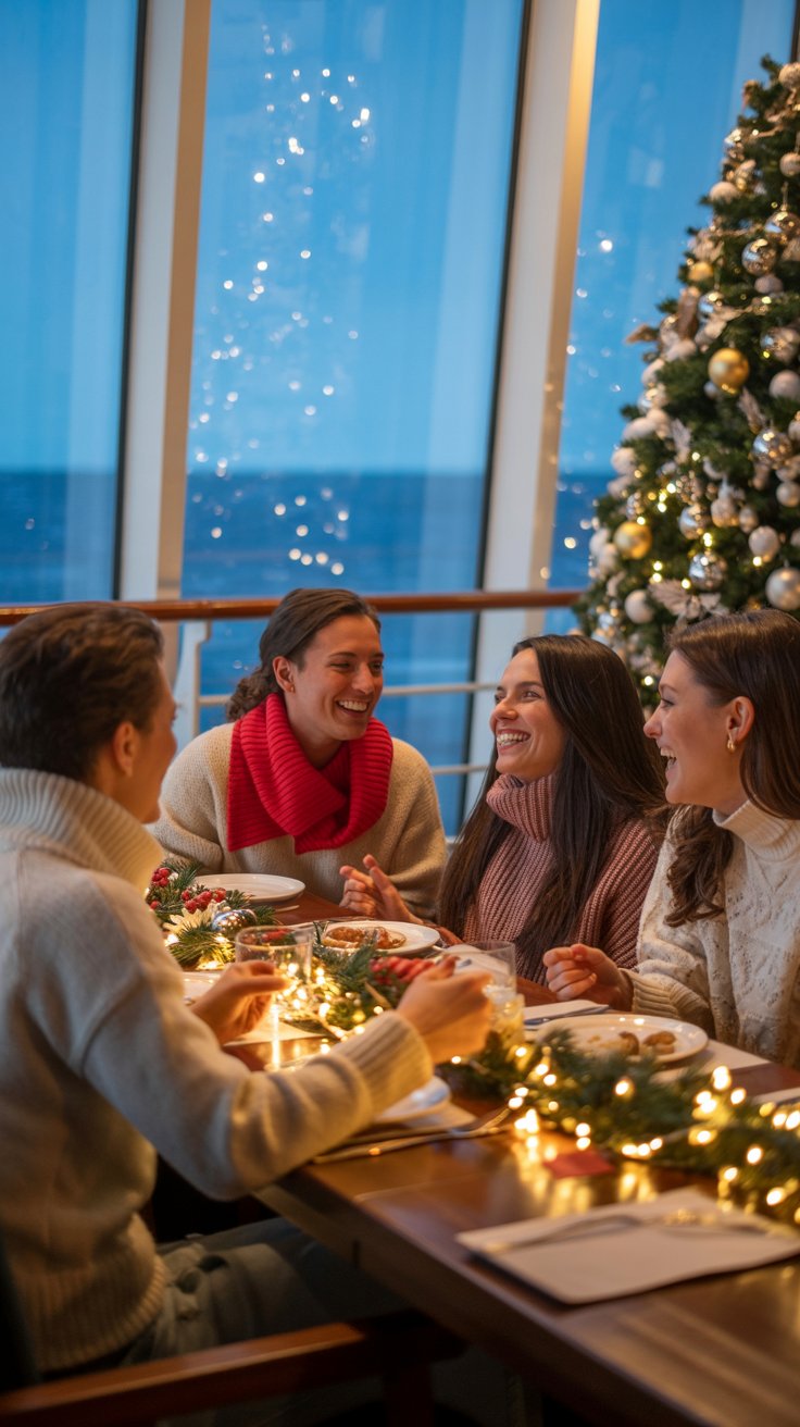 A photograph of a cozy Christmas gathering taking place inside a warmly lit restaurant aboard a cruise ship. A group of four friends, bundled in casual sweaters and scarves, are laughing around a table laden with festive appetizers and twinkling fairy lights. A Christmas tree decorated with silver and gold ornaments stands in the background, and snow gently falls outside the large panoramic windows, creating a picturesque winter scene. Soft, ambient lighting and the reflection of the sea on the windows enhance the joyful and relaxed atmosphere.
