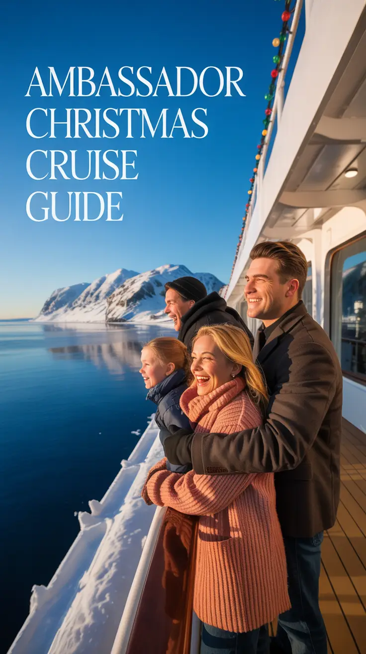 A vibrant lifestyle advertisement showcasing the "Ambassador Christmas Cruise Guide," featuring a smiling family of four bundled in winter coats, gazing out from the deck of a luxurious cruise ship at a picturesque snow-covered coastline bathed in warm sunlight. The scene is framed by a pristine white railing, with festive Christmas lights strung along the ship's exterior, and the bright blue ocean reflecting the clear sky. Aligned to the left of the frame, a large, elegant text overlay proclaims "Ambassador Christmas Cruise Guide" in a classic serif font, while the overall aesthetic evokes a sense of joy, adventure, and holiday cheer, conveying the premium experience of an Ambassador Cruise.