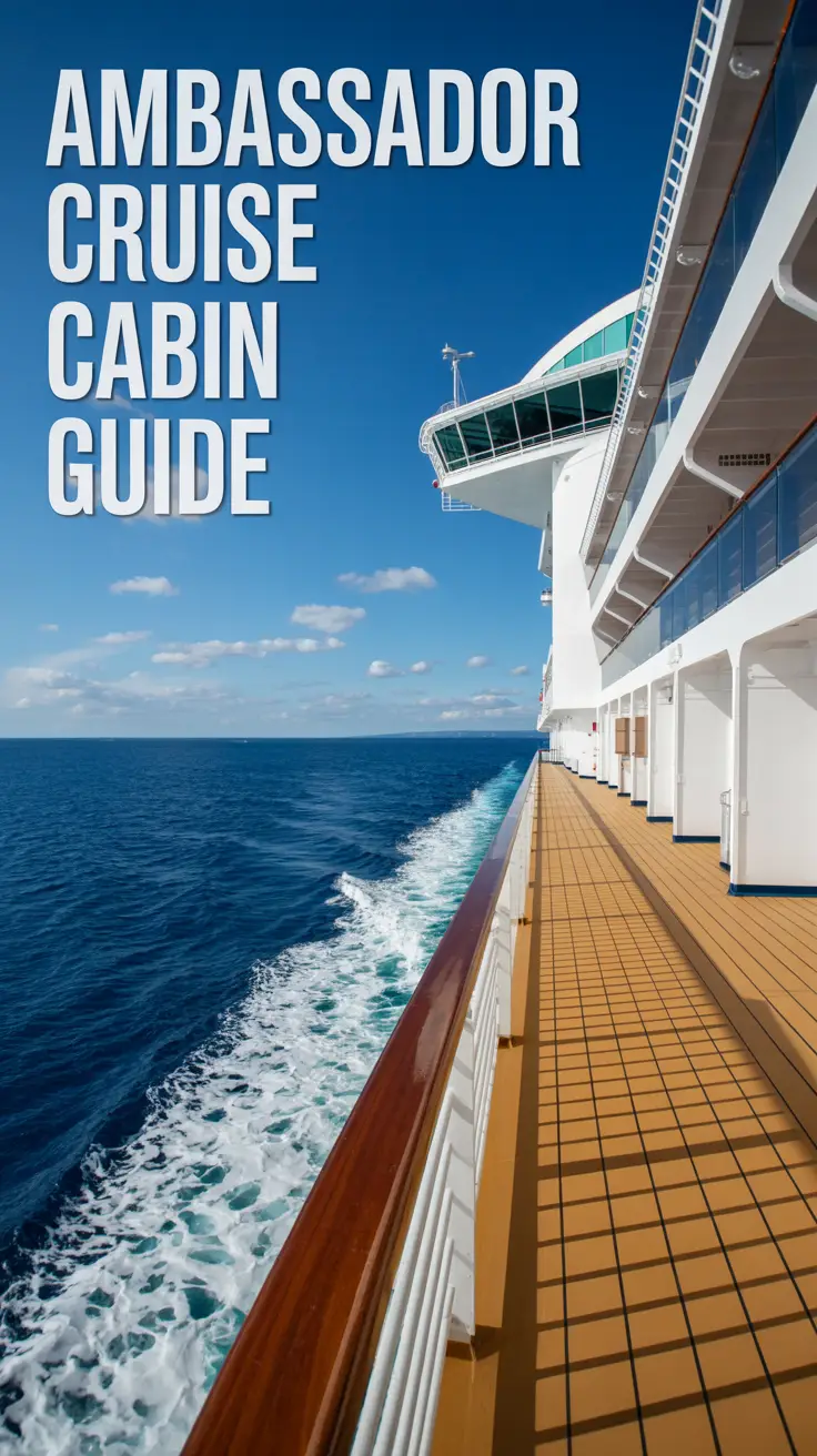Big text overlay aligned left: Ambassador Cruise Cabin Guide. On a cruise ship. Don't add any other text. Bright sunny day. **Alt Tag Description:** A realistic image of a cruise ship on a bright, sunny day with large text on the left reading "Ambassador Cruise Cabin Guide."