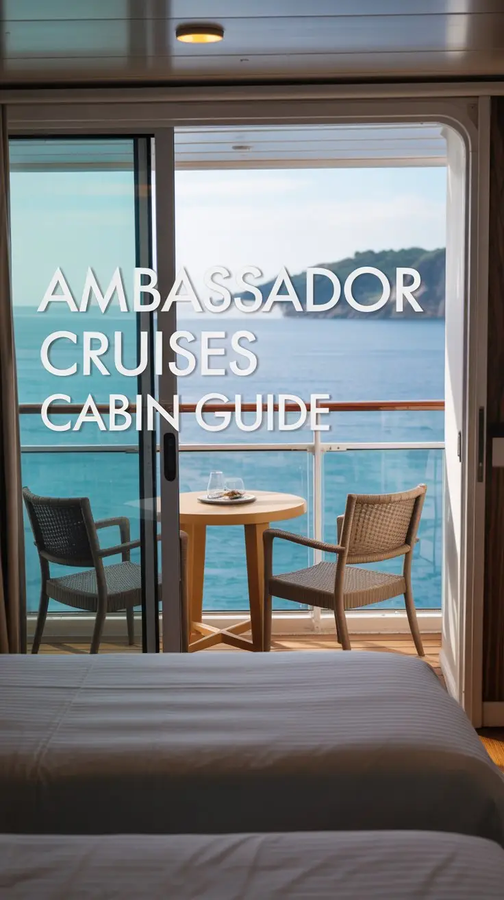 A photograph of a modern, well-lit balcony cabin aboard a luxurious cruise ship. The cabin features a comfortable king-sized bed with crisp white linens, and a small seating area with a teak table and two wicker chairs positioned to maximize the ocean view. A sliding glass door leads to a private balcony overlooking the turquoise water and a distant coastline, with "Ambassador Cruises Cabin Guide" prominently displayed in a clean, sans-serif font aligned to the left of the frame. Soft, natural light streams in, creating a sense of tranquility and inviting relaxation.