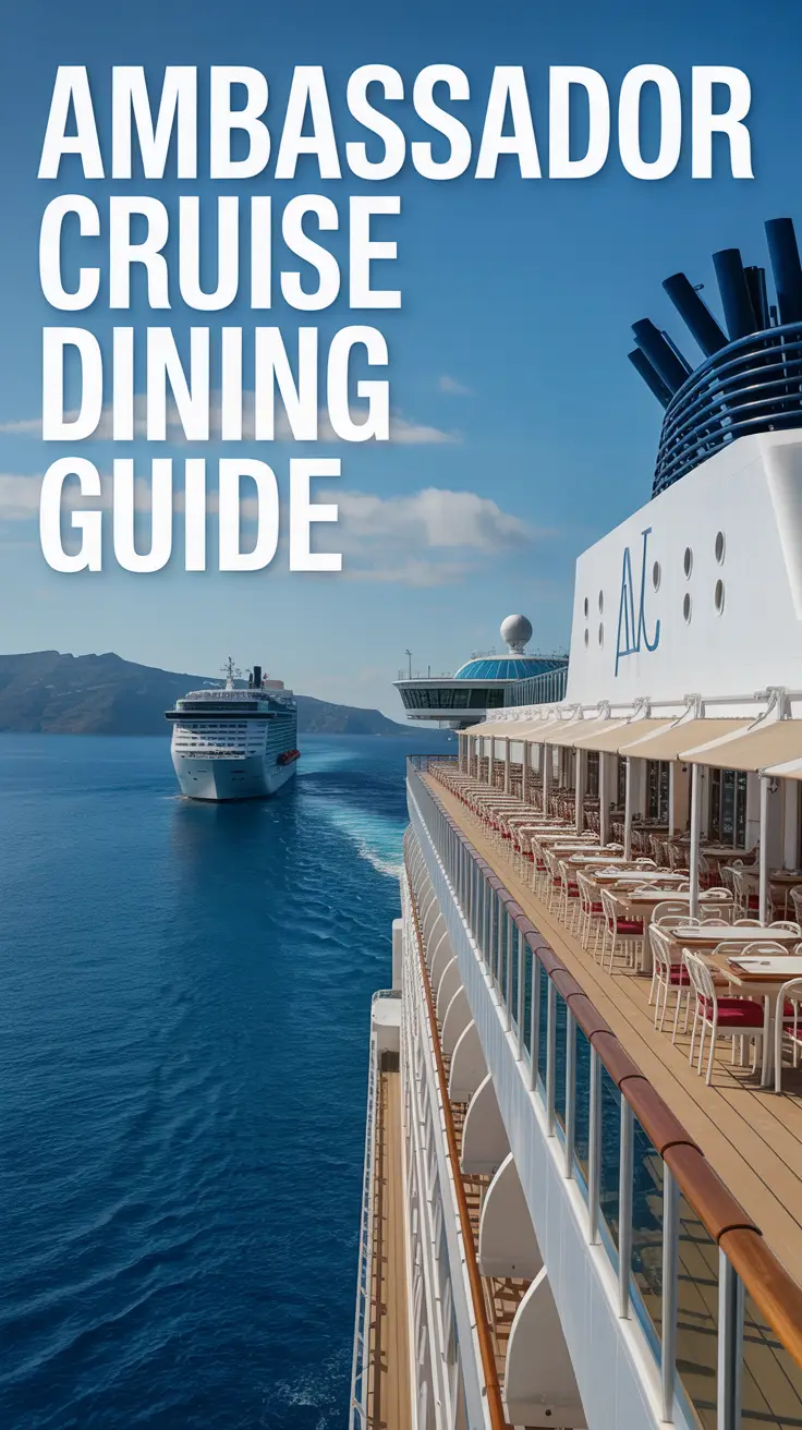 Big text overlay aligned left: Ambassador Cruise Dining Guide. There is a cruise ship in the far off distance in the Mediterranean. Don't add any other text. Bright sunny day. Alt Tag: Left-aligned large text reading "Ambassador Cruise Dining Guide" over a bright, sunny Mediterranean seascape with a distant cruise ship on the horizon.