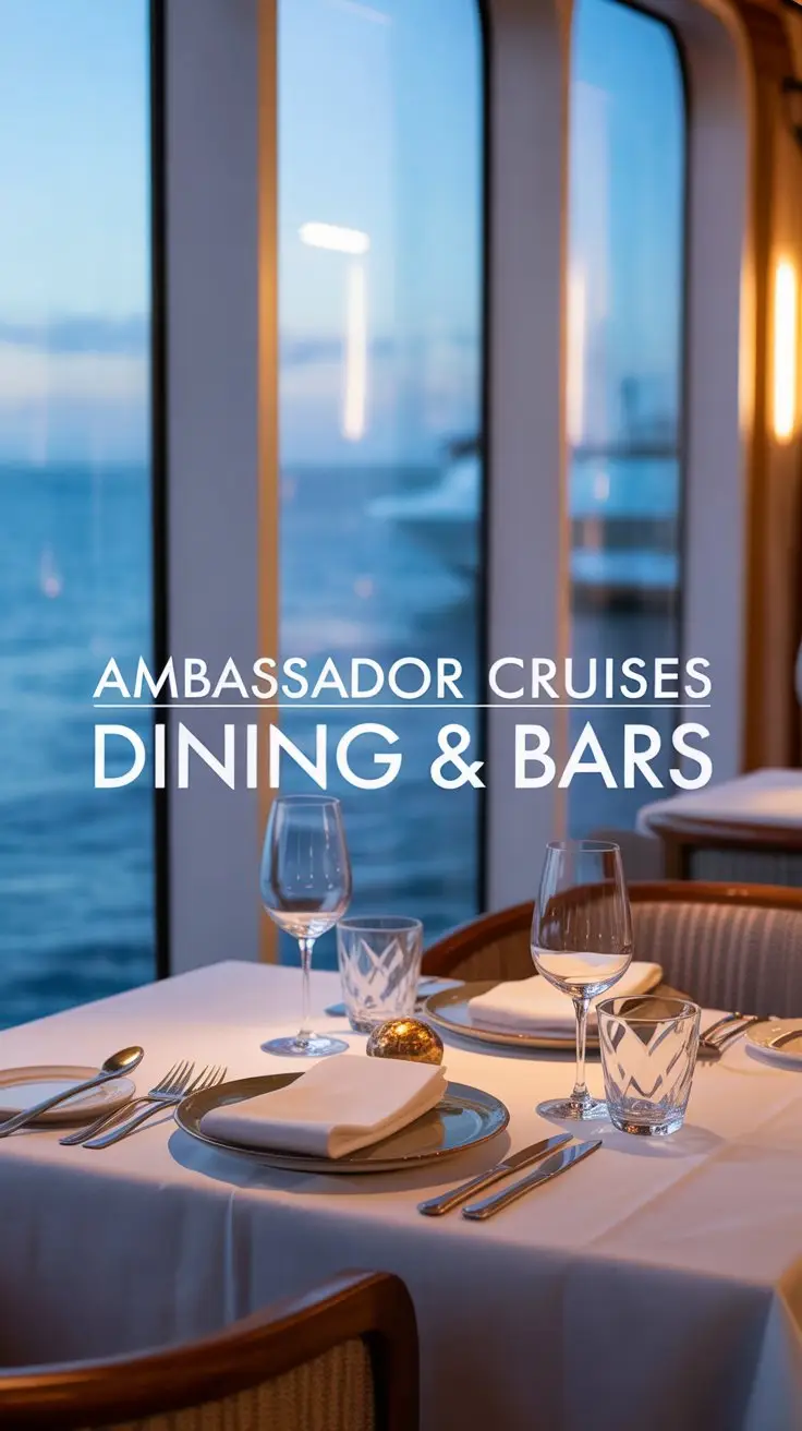 A luxurious lifestyle advertisement for Ambassador Cruises showcases an elegant restaurant setting aboard a cruise ship, focusing on the dining experience. Soft, warm lighting illuminates a beautifully set table with crisp white linens, sparkling glassware, and artfully arranged plates, while a blurred view of the ocean through panoramic windows creates a sense of upscale travel. The composition is carefully framed to highlight the ambiance, with the text "Ambassador Cruises Dining & Bars" prominently displayed in a clean, modern font aligned to the left of the frame, evoking a feeling of sophisticated relaxation and curated enjoyment. The overall aesthetic is refined and inviting, conveying a premium cruising experience with subtle branding and a focus on exquisite detail.
