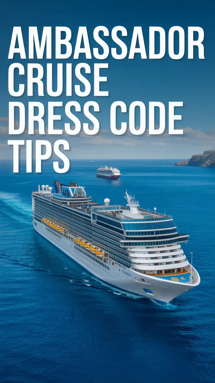 Big text overlay aligned left: Ambassador Cruise Dress Code Tips. There is a cruise ship in the far off distance in the Mediterranean. Don't add any other text. Bright sunny day. Alt Tag description: Left-aligned bold text reading "Ambassador Cruise Dress Code Tips" over a bright, sunny scene of the Mediterranean Sea with a cruise ship visible in the far distance.