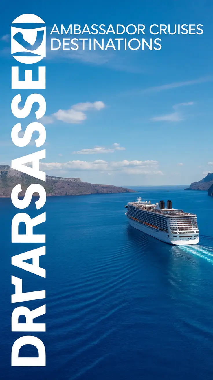 Big text overlay aligned left: Ambassador Cruises Destinations. There is a cruise ship in the far off distance in the Mediterranean. Don't add any other text. Bright sunny day. Alt Tag: A cruise ship sailing in the distant Mediterranean Sea beneath a bright sunny sky, with large left-aligned text reading "Ambassador Cruises Destinations."