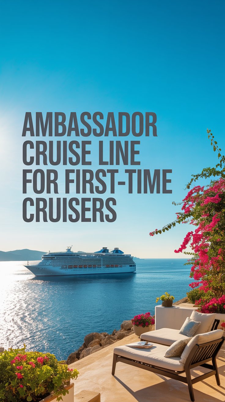 A vibrant lifestyle advertisement for Ambassador Cruise Line targeting first-time cruisers features a picturesque view of a modern cruise ship gracefully sailing in the shimmering turquoise waters of the Mediterranean Sea under a brilliant, cloudless sky. The foreground showcases a sun-drenched terrace of a luxury villa, overlooking the sea, with comfortable lounge chairs and vibrant bougainvillea adding a touch of Mediterranean charm, bathed in warm, golden sunlight. Aligned to the left of the frame, in bold, modern font, is the text "Ambassador Cruise Line for First-Time Cruisers," seamlessly integrated with the scenic backdrop, evoking a sense of relaxed exploration and luxurious escape. The overall mood is bright, inviting, and aspirational, reinforcing the brand’s promise of accessible and memorable first-time cruising experiences.