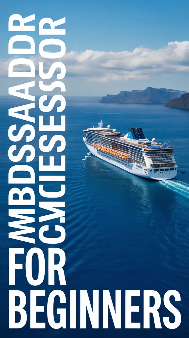Big text overlay aligned left: Ambassador Cruises for Beginners. There is a cruise ship in the far off distance in the Mediterranean. Don't add any other text. Bright sunny day. Alt Tag: Cruise ship in the far distance on the Mediterranean Sea under a bright sunny sky with large left-aligned text reading "Ambassador Cruises for Beginners".