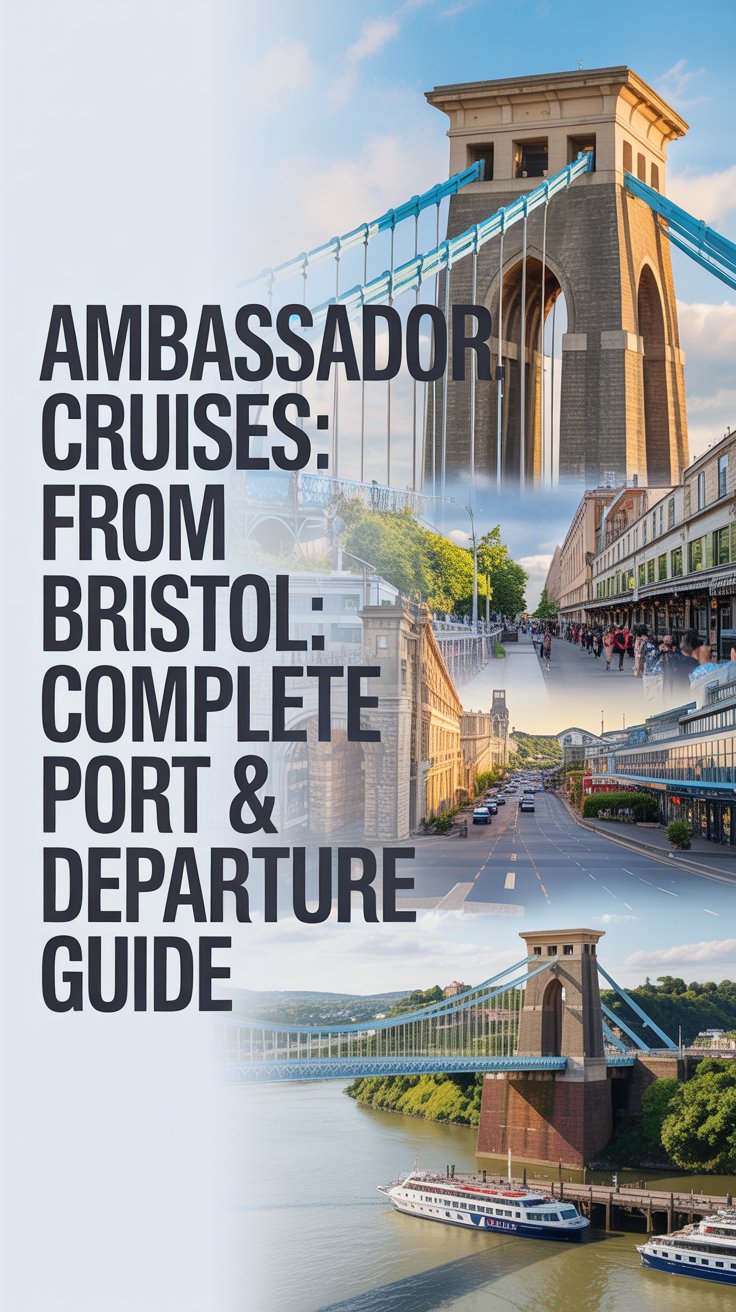 A vibrant lifestyle advertisement for Ambassador Cruises, designed to highlight the convenience of departing from Bristol. The background features a dynamic collage of carefully selected images showcasing Bristol's iconic landmarks – the Clifton Suspension Bridge, vibrant harborside, and bustling city center – creating a sense of adventure and local pride. Superimposed on the left side of the image, in bold, modern font, is the text “Ambassador Cruises from Bristol: Complete Port & Departure Guide” aligned to the left, ensuring clarity and prominence while maintaining a clean and uncluttered composition. The bright, sunny lighting and overall optimistic aesthetic evokes a feeling of effortless travel and discovery, reinforcing Ambassador Cruises' commitment to providing a seamless and enjoyable travel experience for all.