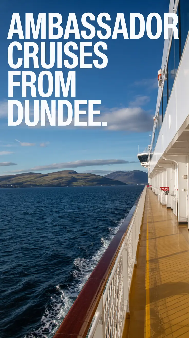 Big text overlay aligned left: Ambassador Cruises from Dundee. On a cruise ship. Don't add any other text. Bright sunny day. Alt Tag: Cruise ship on a bright sunny day with large text on the left reading "Ambassador Cruises from Dundee."