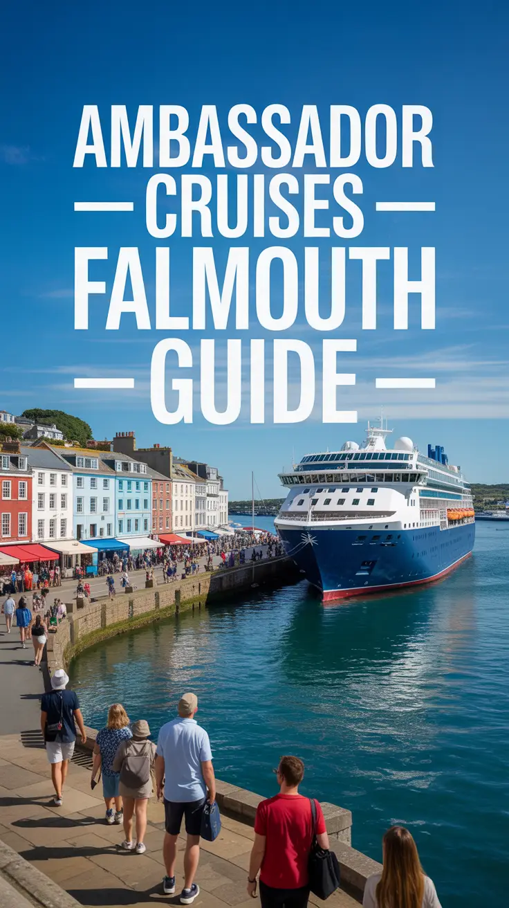 A vibrant lifestyle advertisement for Ambassador Cruises showcasing a picturesque view of Falmouth, Cornwall, England, featuring a luxury cruise ship docked in the bright harbor with colorful Georgian architecture, clear blue skies, and tourists enjoying a sunny stroll along the waterfront, conveying a polished, premium vacation experience.