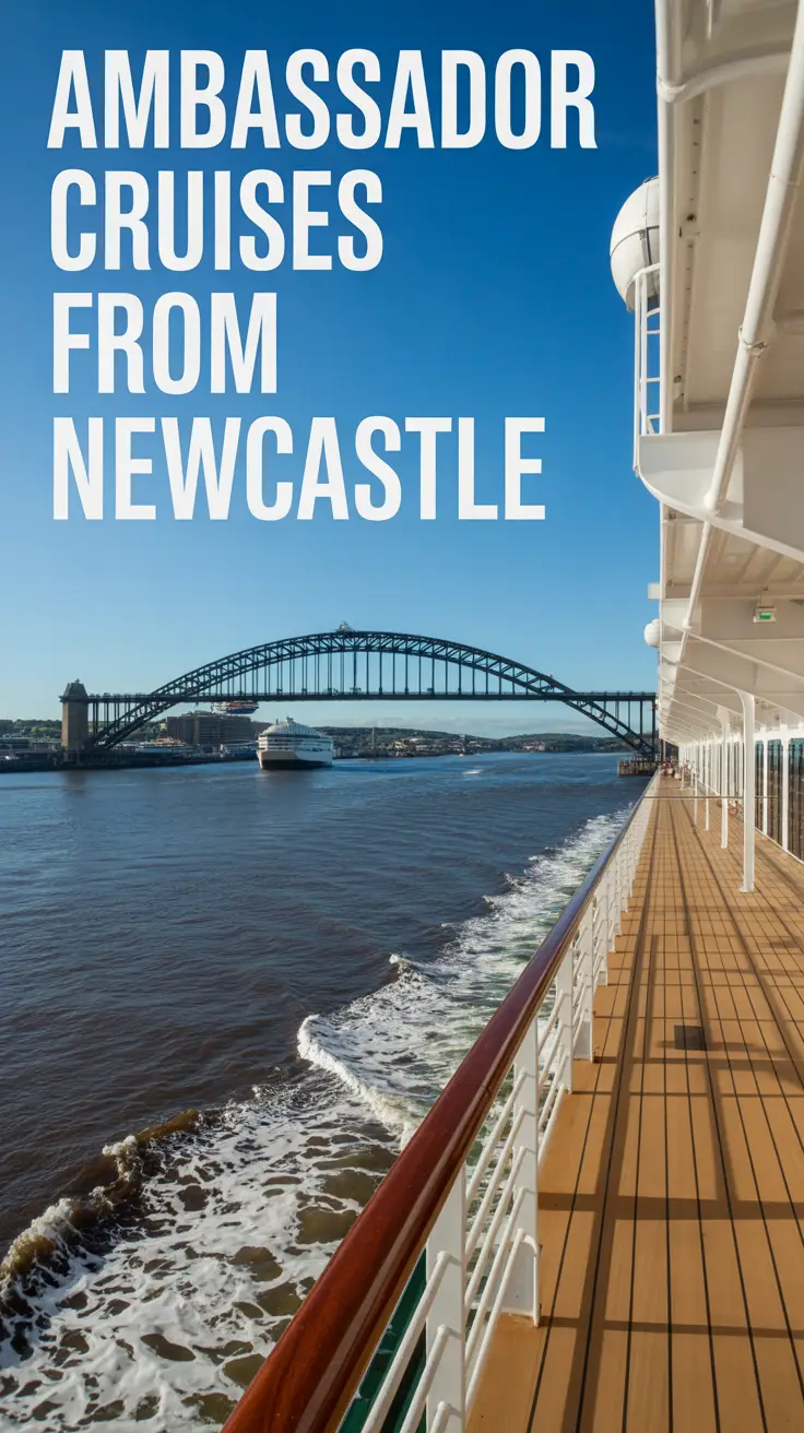 Big text overlay aligned left: Ambassador Cruises from Newcastle. On a cruise ship. Don't add any other text. Bright sunny day. Alt Tag: A realistic image of a cruise ship sailing on a bright sunny day, with large text aligned to the left that reads "Ambassador Cruises from Newcastle."