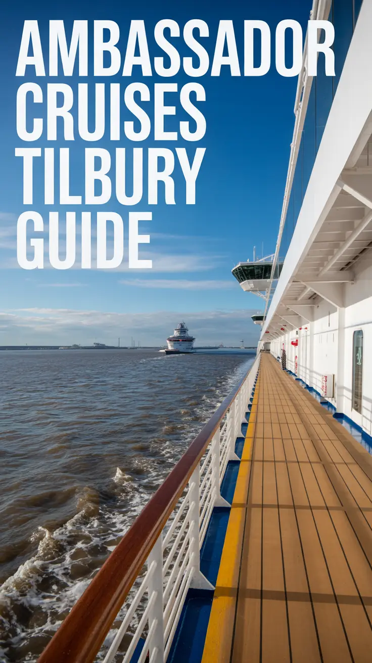 Big text overlay aligned left: Ambassador Cruises Tilbury Guide. On a cruise ship. Don't add any other text. Bright sunny day. Alt Tag: Cruise ship under a bright sunny sky with large left-aligned text reading "Ambassador Cruises Tilbury Guide".