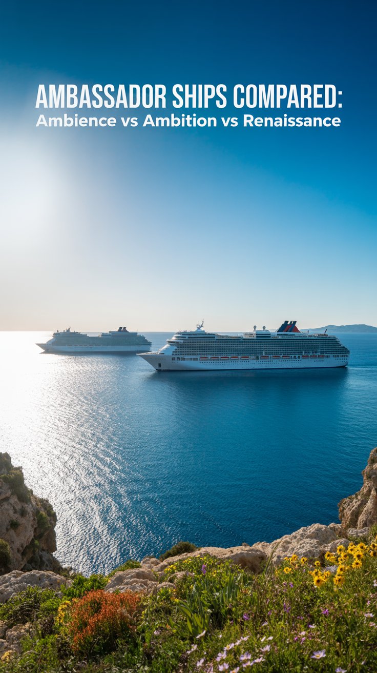 A wide-angle landscape photograph showcasing "Ambassador Ships Compared: Ambience vs Ambition vs Renaissance" aligned to the left of the frame. In the distance, a trio of luxurious cruise ships—the Ambience, Ambition, and Renaissance—grace the shimmering turquoise waters of the Mediterranean Sea, their white hulls contrasting against the deep blue. The foreground features a rocky coastline with vibrant wildflowers, while the sky is a brilliant azure, illuminated by a bright, high-noon sun casting long shadows across the scene. The composition emphasizes the scale and grandeur of the ships against the backdrop of the idyllic Mediterranean landscape, creating a sense of travel and aspirational leisure.