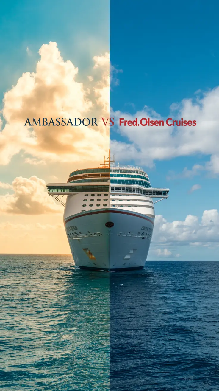 A striking lifestyle advertisement showcasing a split-screen comparison of two cruise ships, the Ambassador and a Fred. Olsen Cruises vessel, bathed in the warm glow of a bright, sunny day at sea. The left side features the Ambassador against turquoise waters, while the right side displays a Fred. Olsen Cruises ship beneath clear skies with fluffy clouds, highlighting contrasts in design and scale. Bold text on the left reads "Ambassador vs Fred. Olsen Cruises," evoking luxurious travel and inviting competition.