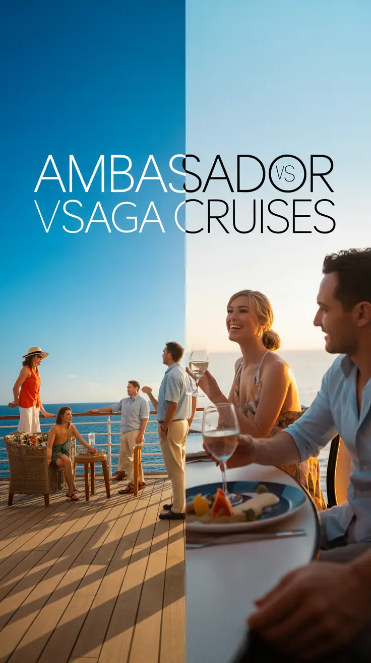 A striking lifestyle advertisement showcases the contrasting experiences offered by Ambassador and Saga Cruises, featuring a split image composition. On the left, travelers enjoy cocktails and sunny deck views, while on the right, guests dine elegantly in a formal setting, all under warm, natural light with a clean, modern font displaying “Ambassador vs Saga Cruises” against a bright blue sky.