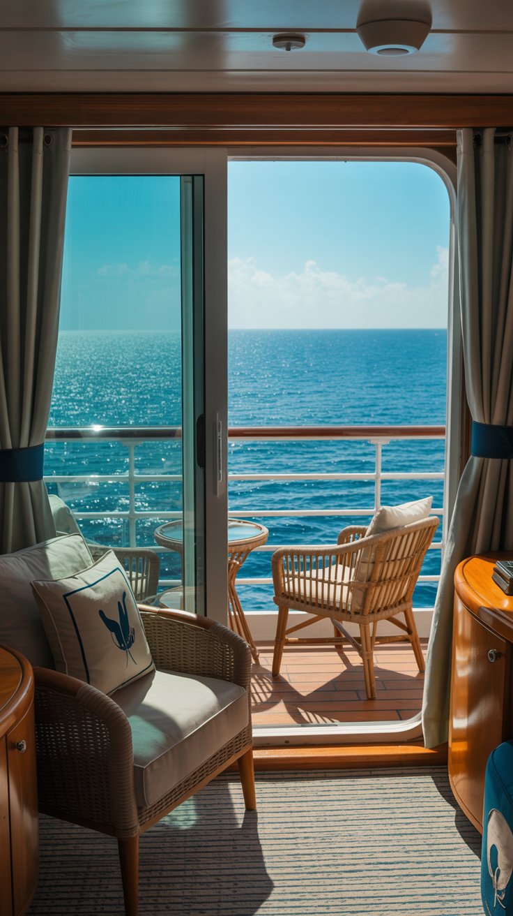 A photograph of a cozy balcony cabin on a luxurious cruise ship, bathed in bright sunlight. The cabin features a sliding glass door leading to a small private balcony with a comfortable rattan chair and a small round table. Inside, a plush armchair sits next to a large window offering a panoramic view of the sparkling blue ocean, and the wooden interior is decorated with nautical-themed accents. The scene is illuminated by the warm glow of the sun, creating a serene and inviting atmosphere.