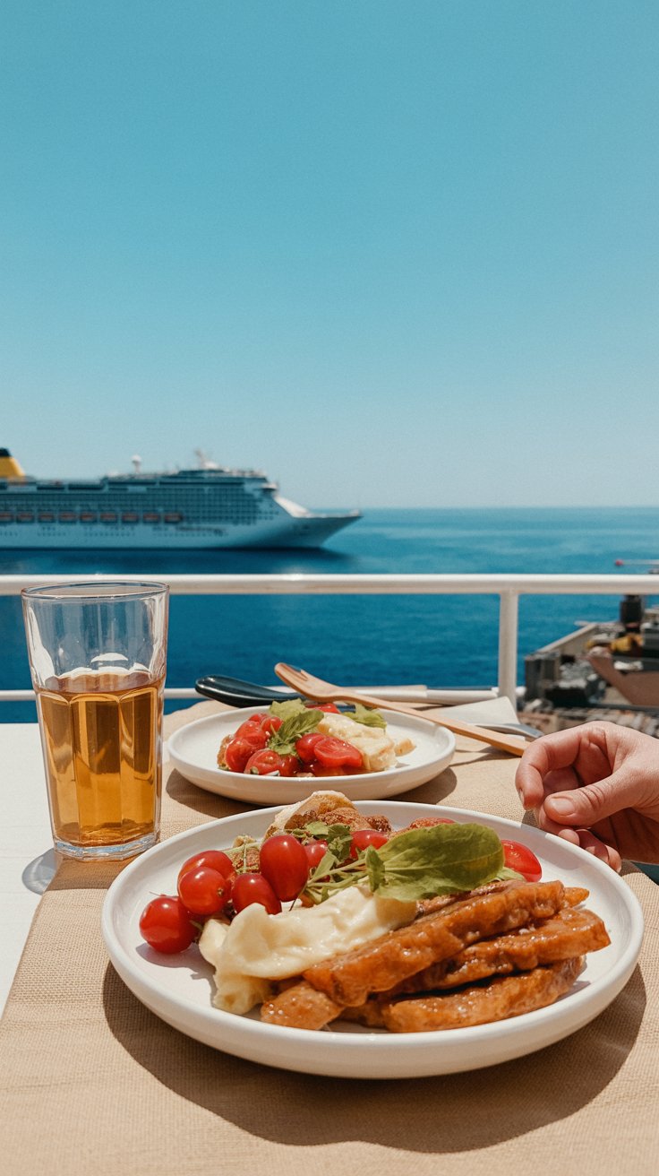 A tourist enjoys Mediterranean food on a bright sunny day with a cruise ship visible in the distant background.